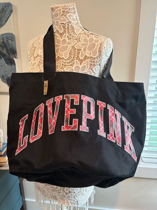 PINK Victoria's Secret Handbags - PINK Victoria's Secret Black Tote with Red Plaid LOVE PINK Logo